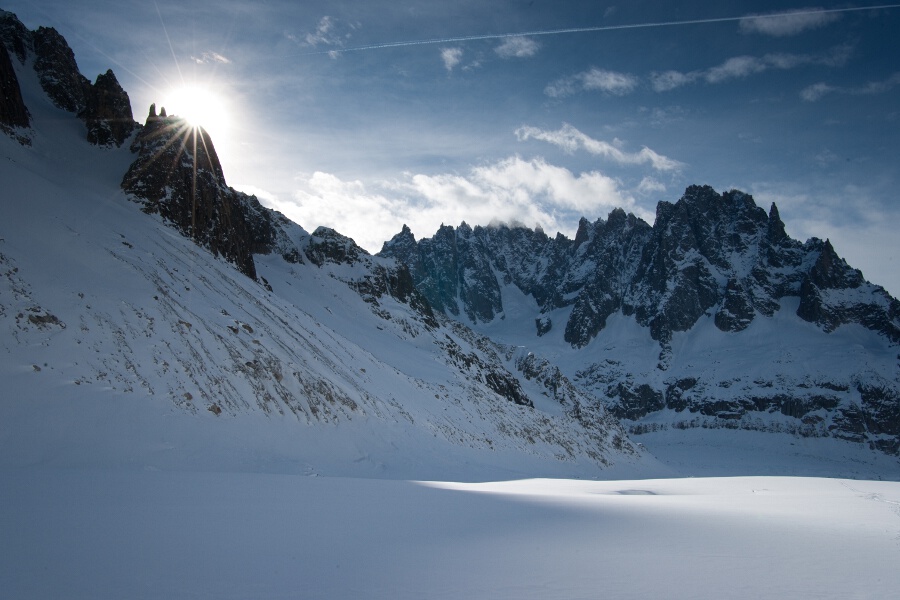 Aiguilles de Chamonix in winter look, Leschaux glacier.