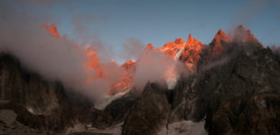 Summer look of Aiguilles de Chamonix, winter look, Chamonix Mont Blanc, Rhone Alpes. France.